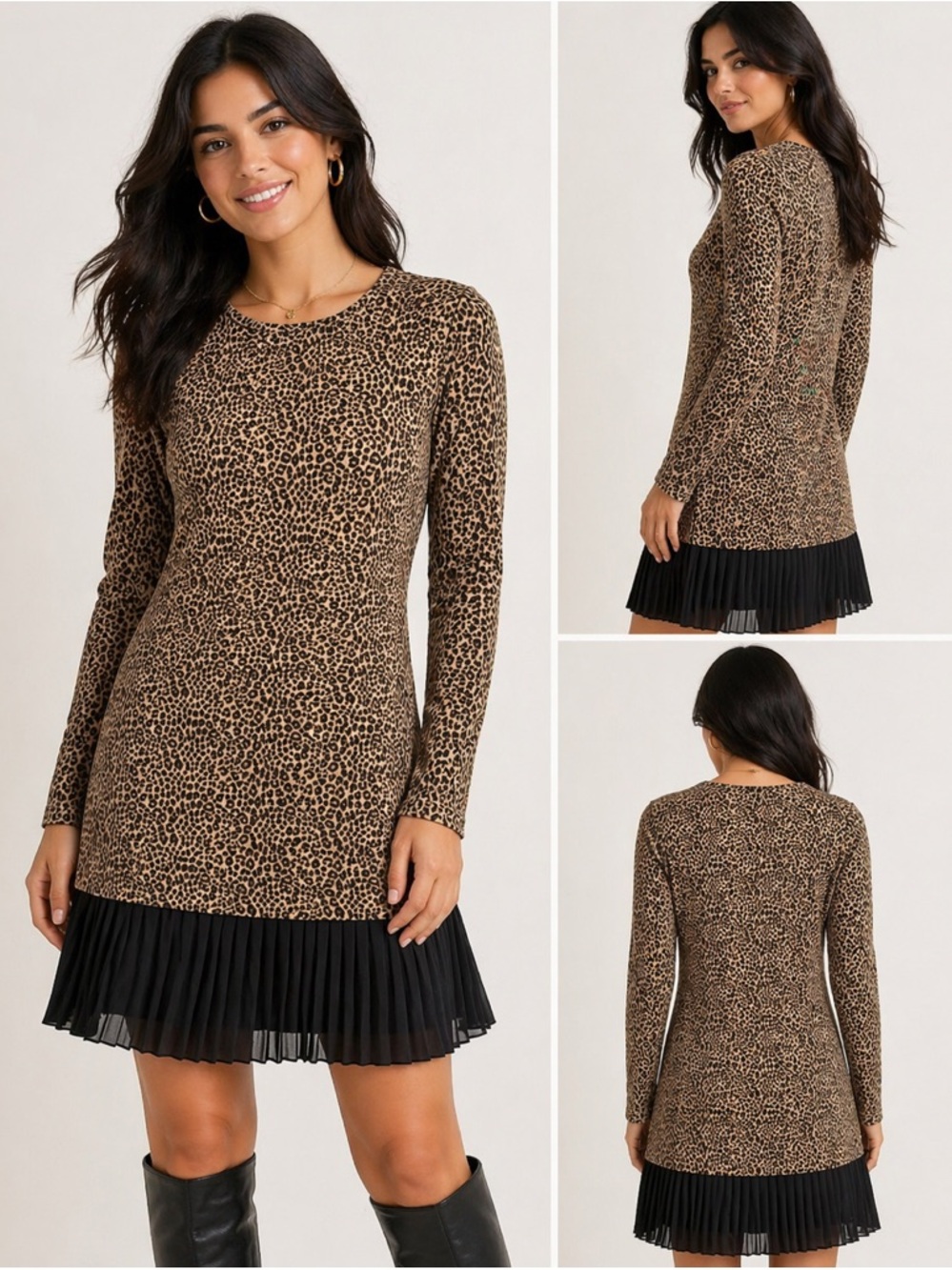 Leopard Print Mini Dress XS Long Sleeve Pleated Hem Mob Wife Aesthetic NWT